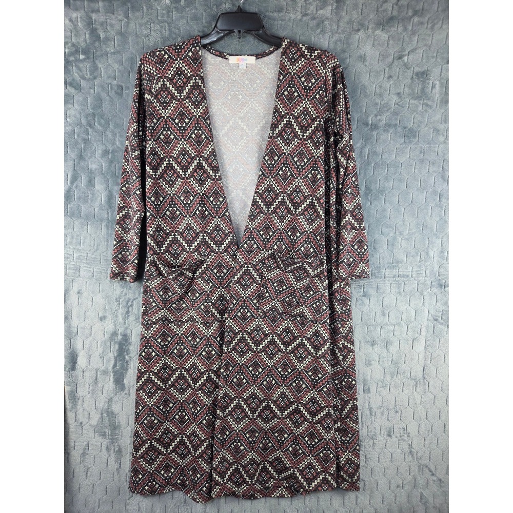 LuLaRoe Sarah Cardigan M Burgundy Black Geometric Diamond Duster Open Front Knit